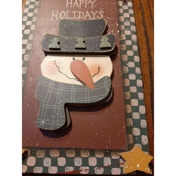 Rustic Snowman Happy Holidays Christmas 3D Wood Plaque Wall Decor Picture - Picture 3 of 4